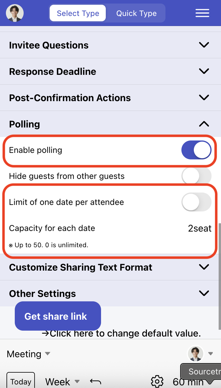 After specifying candidate dates, turn on poll settings and enter capacity limit