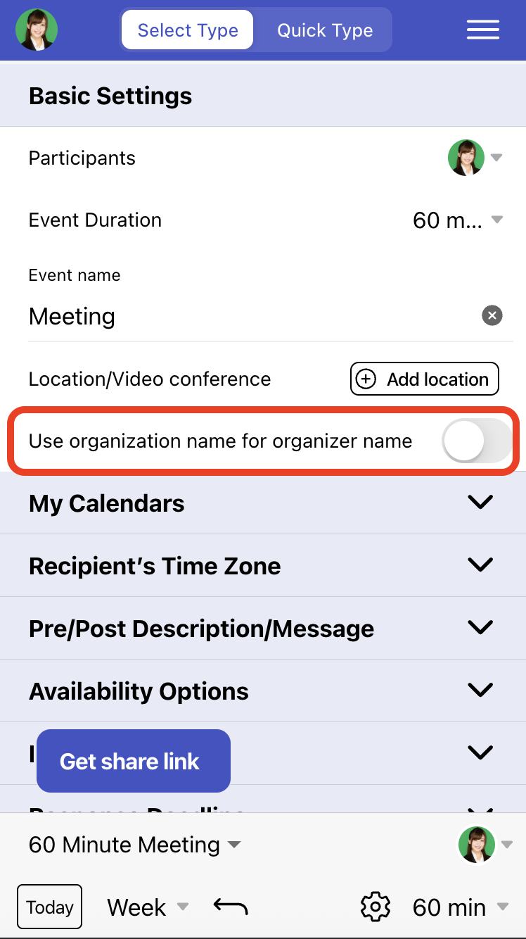 Turn on Use Organization Name for Organizer